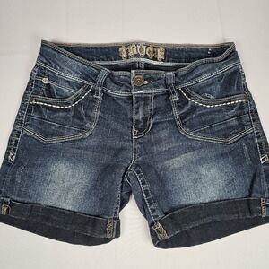 Truce Shorts Women's 7 Button Cuffed Lightly Distressed Jean Shorts EMBROIDERED